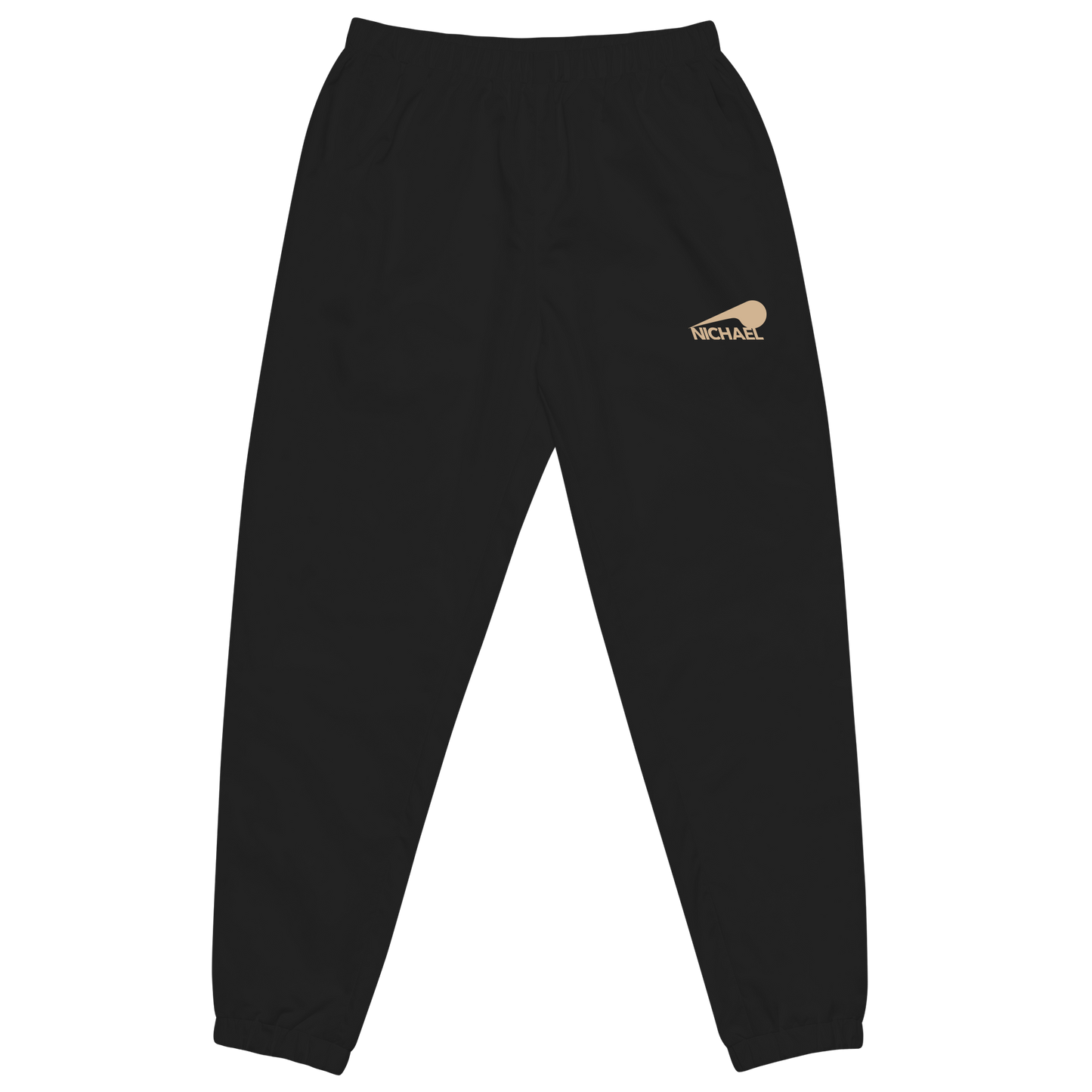 The front of our black Full Sploosh sweatpants sporting a small tan full sploosh NICHAEL logo on the left side. These pants feature an elastic waistband with a drawstring and hemmed cuffs. They are made with a soft, heavy blend material and have a relaxed fit.
