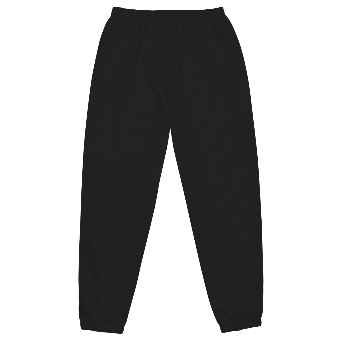 The back of our black Full Sploosh sweatpants. These pants feature an elastic waistband and hemmed cuffs. They are made with a soft, heavy blend material and have a relaxed fit.
