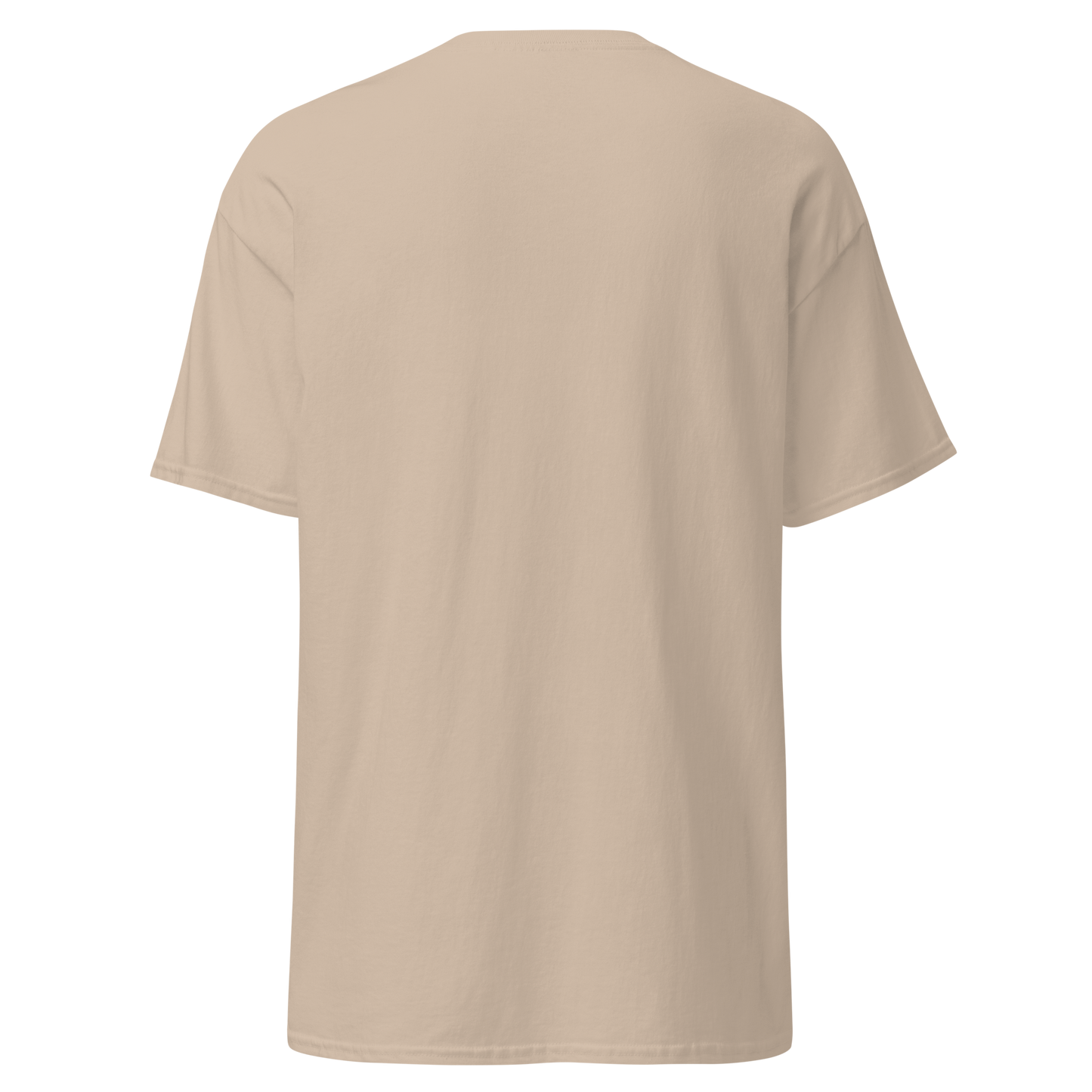 The back of our tan Full Sploosh tee. This t-shirt features mid-weight material for a boxy, more structured look.