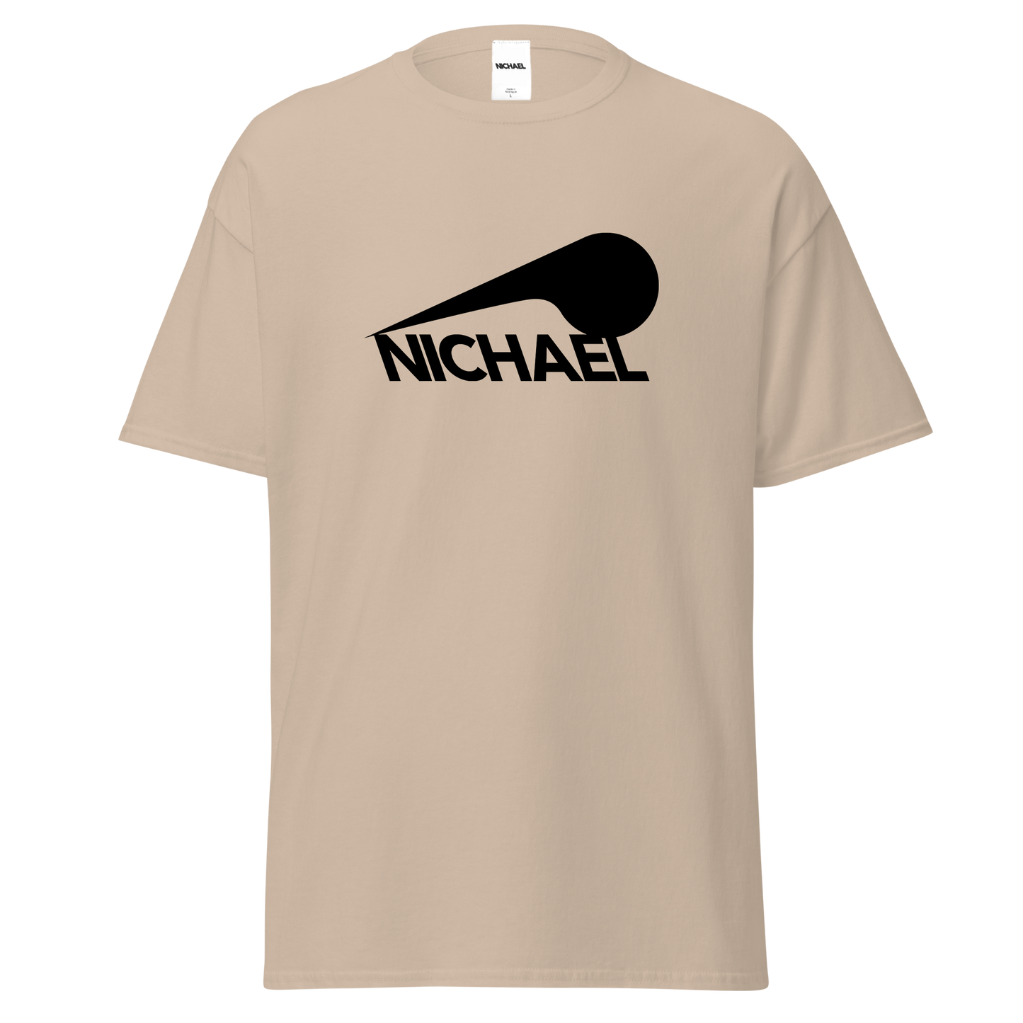 The front of our tan Full Sploosh tee sporting a NICHAEL full sploosh logo in black. This t-shirt features mid-weight material for a boxy, more structured look.