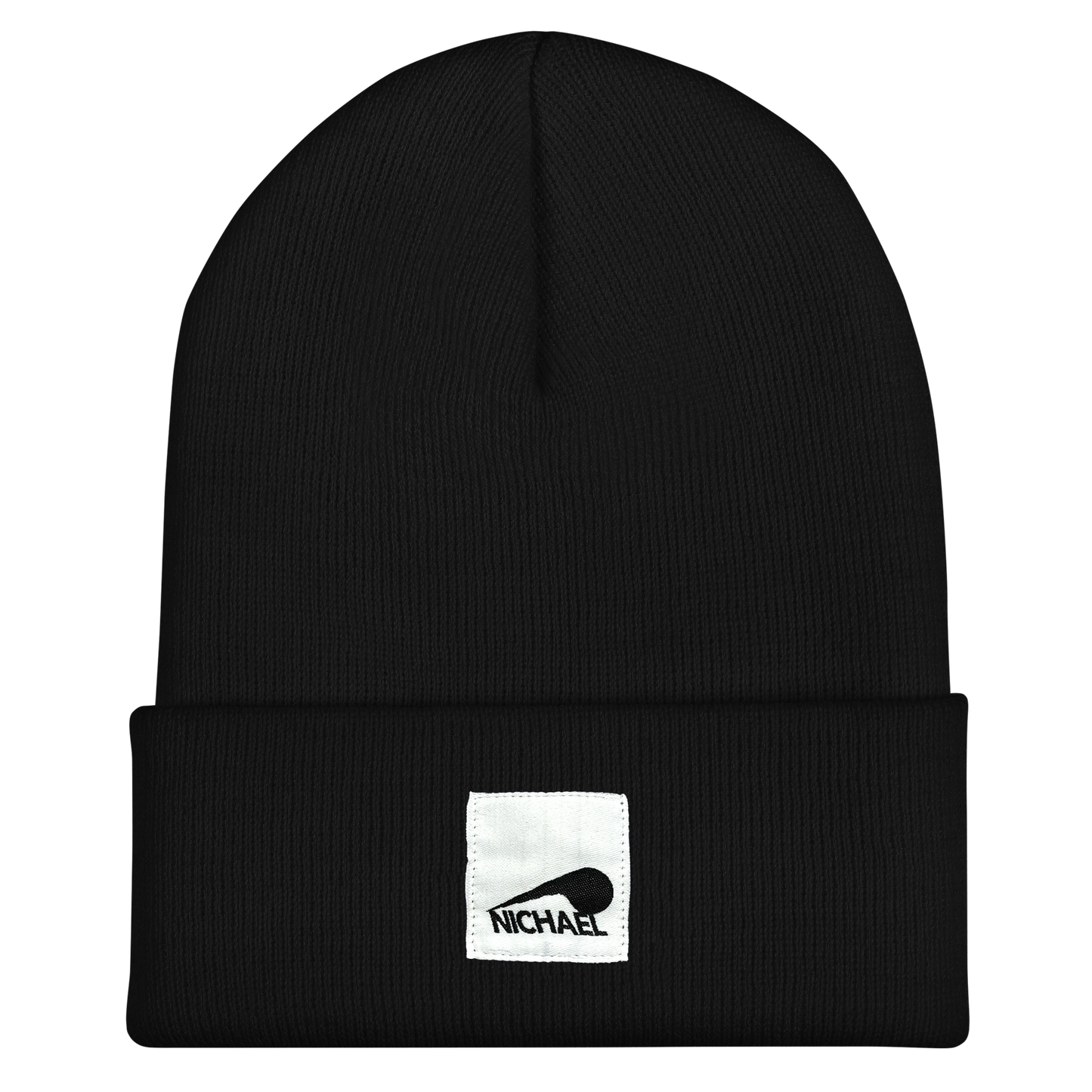 The front of our Full Sploosh beanie in black sporting a black and white stitched Full Sploosh patch. This cuffed knit beanie is 12” long uncuffed and has a circumference of 15”.