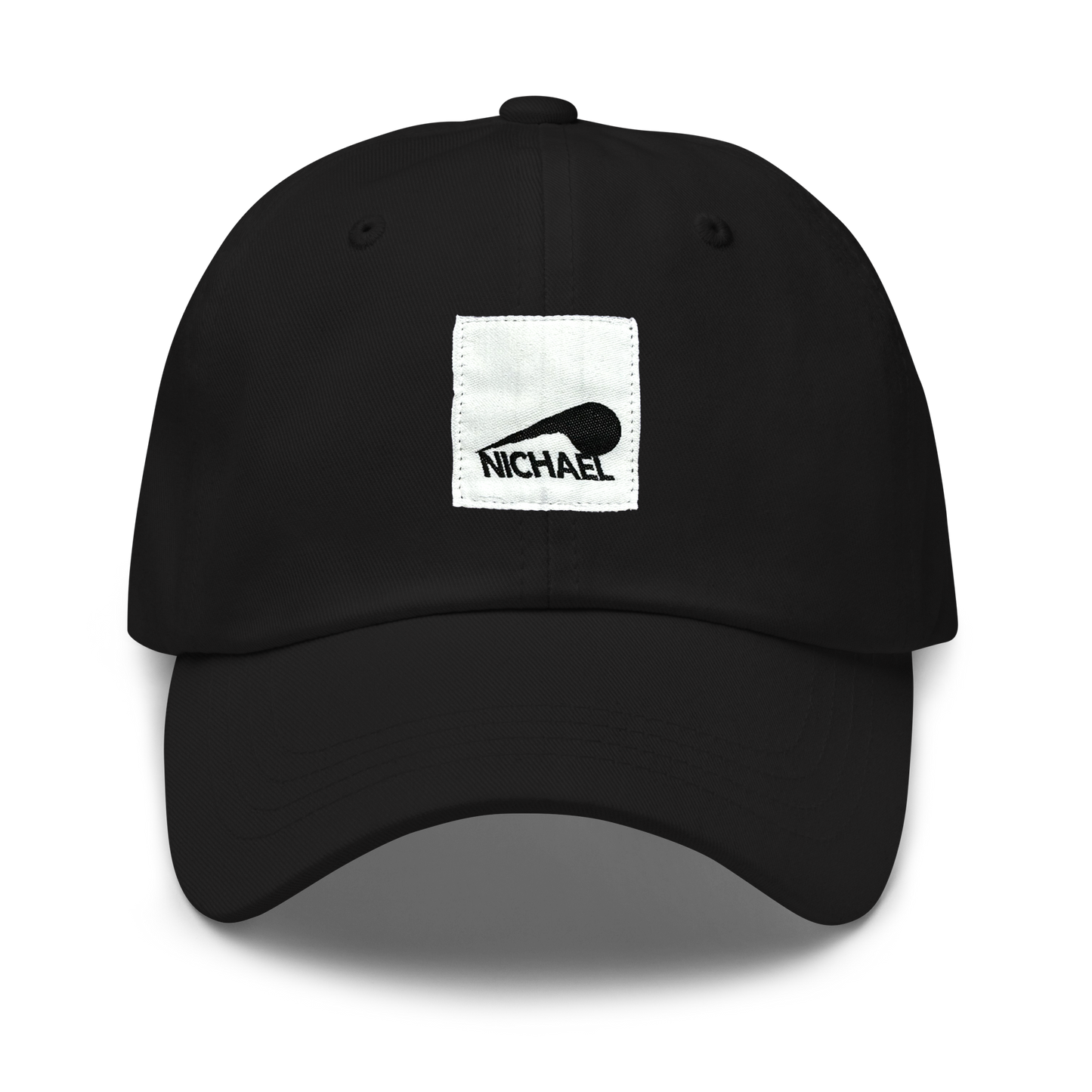 The front of our Full Sploosh dad hat in black sporting a black and white stitched Full Sploosh patch. This baseball cap is unstructured for a more relaxed fit.