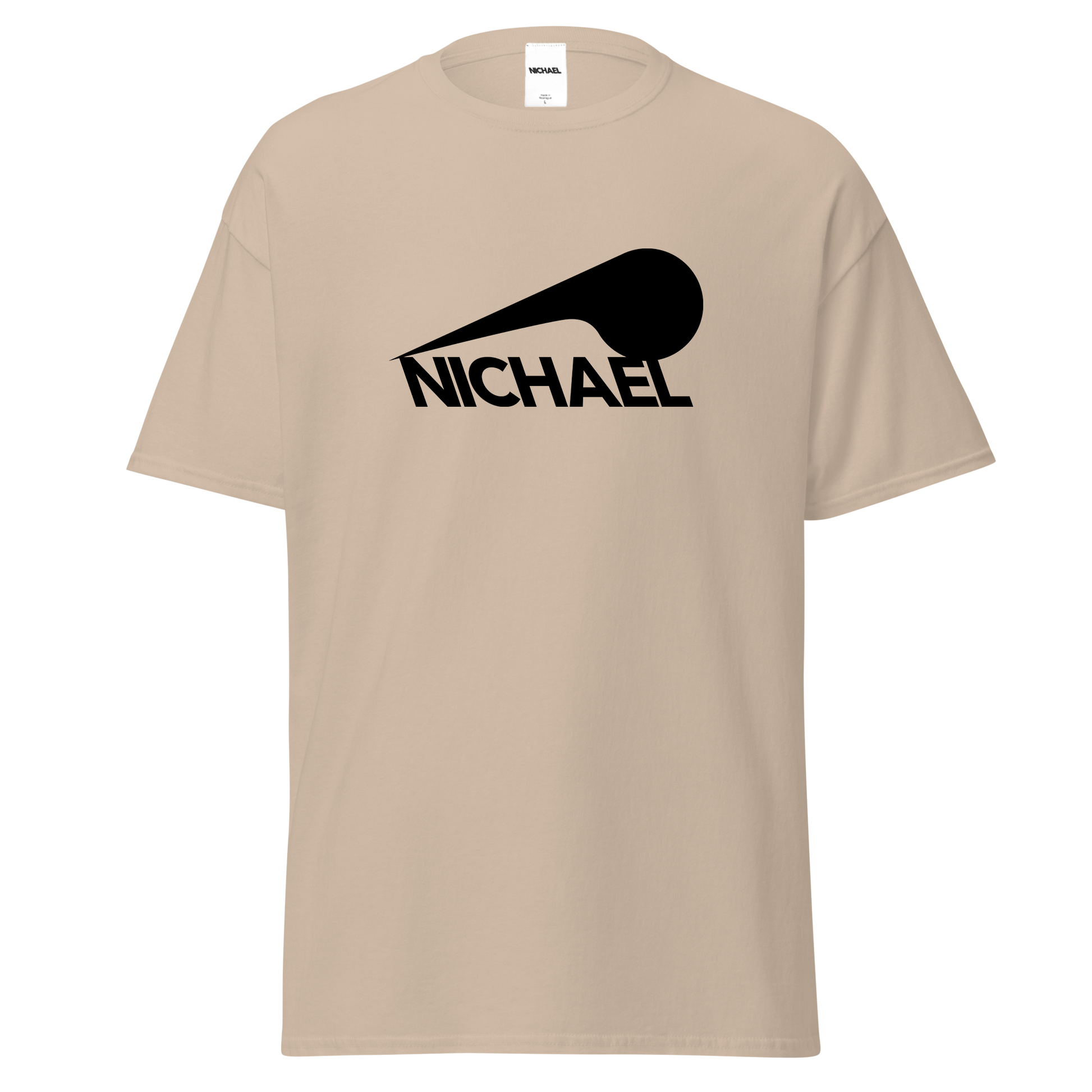 The front of our tan Full Sploosh tee sporting a NICHAEL full sploosh logo in black. This t-shirt features mid-weight material for a boxy, more structured look.